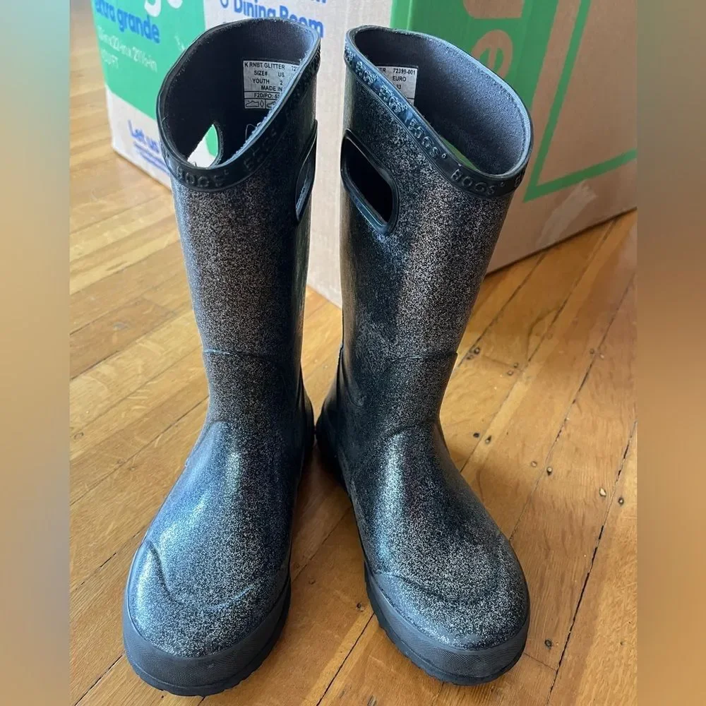 BOGS kids rain boot silver glitter wellies youth 2 33 mid tall boots snow black